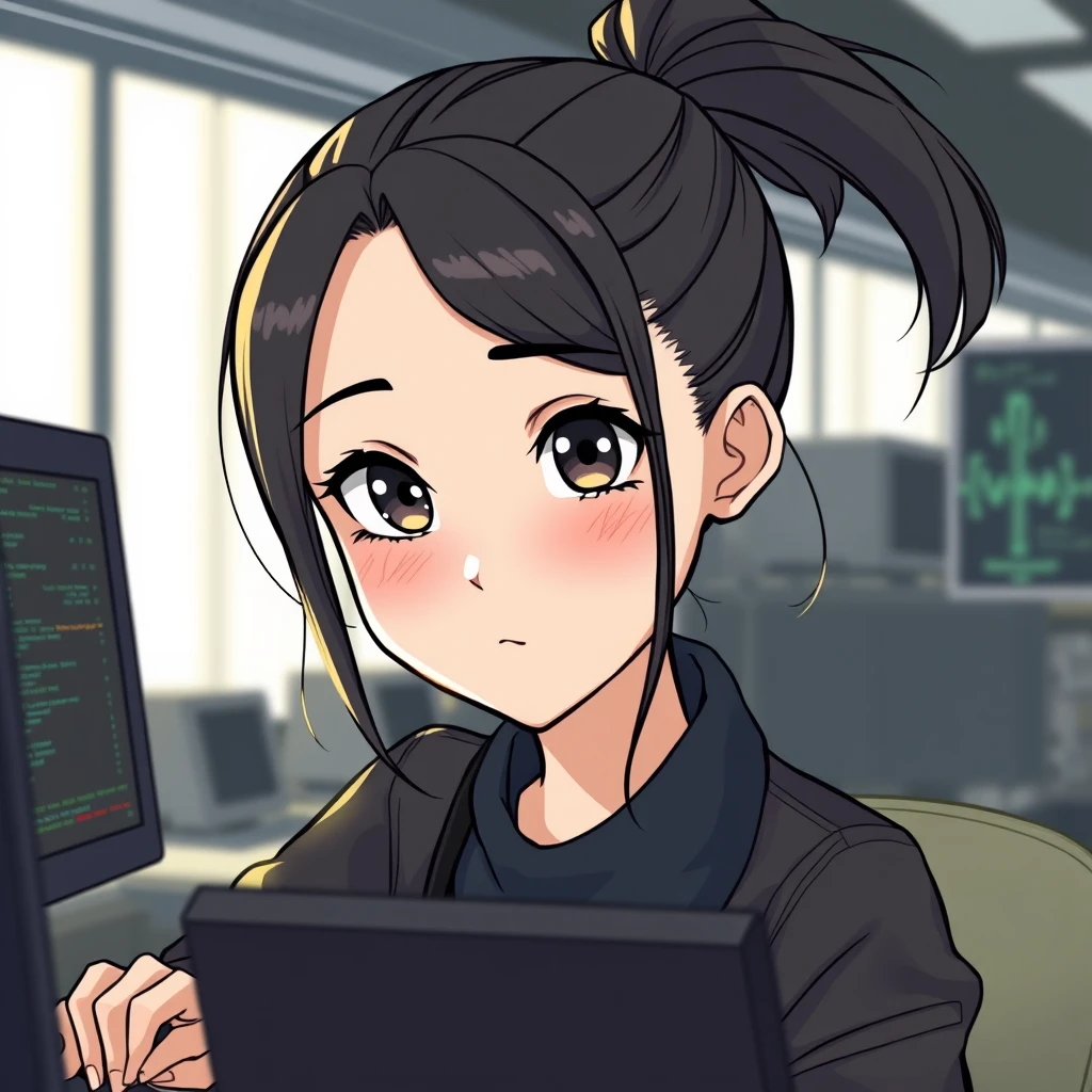 A female programmer working overtime, with a ponytail, melon seed face, high nose bridge, big eyes, and double eyelids. - Image