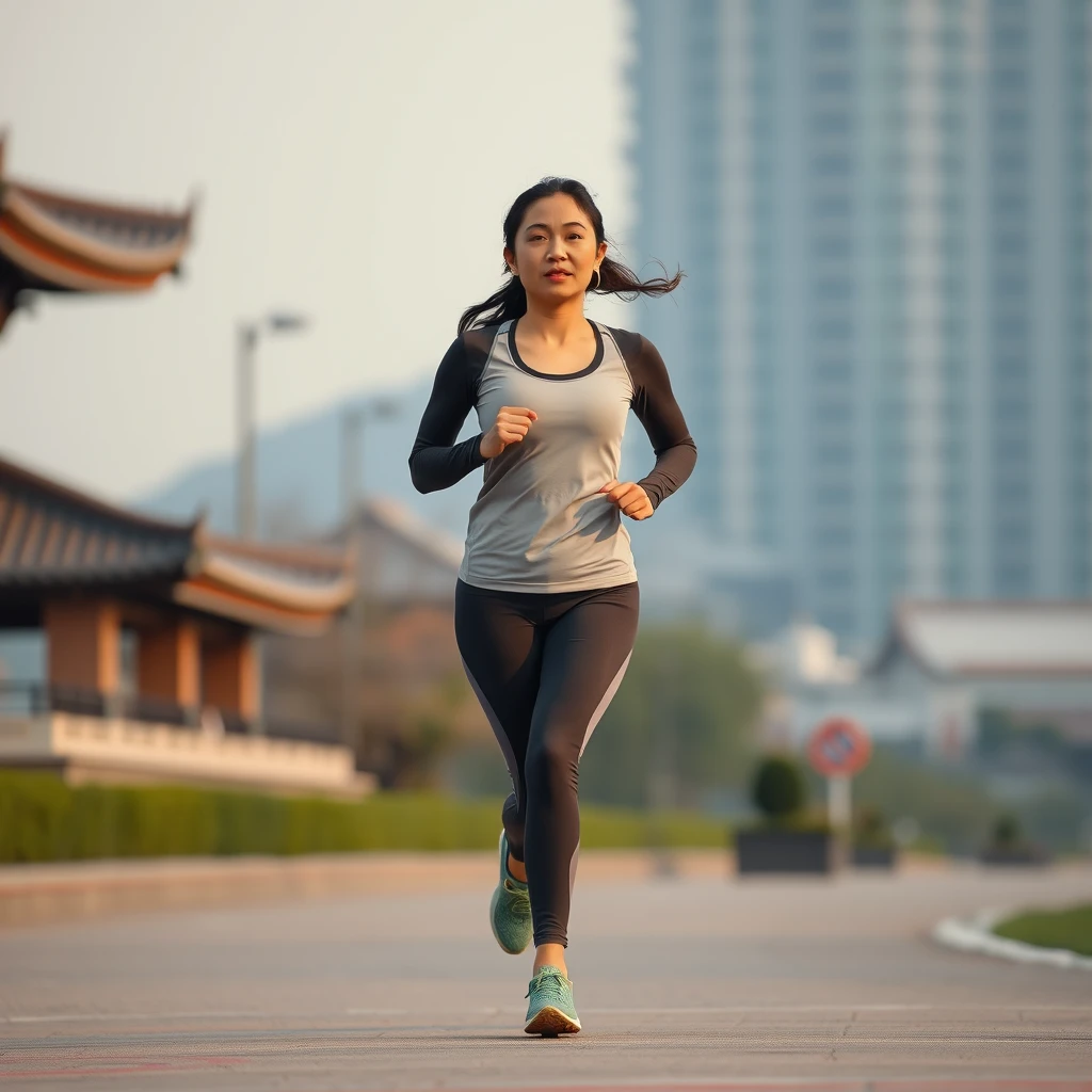 A Chinese woman running, dressed in yoga clothing. - Image