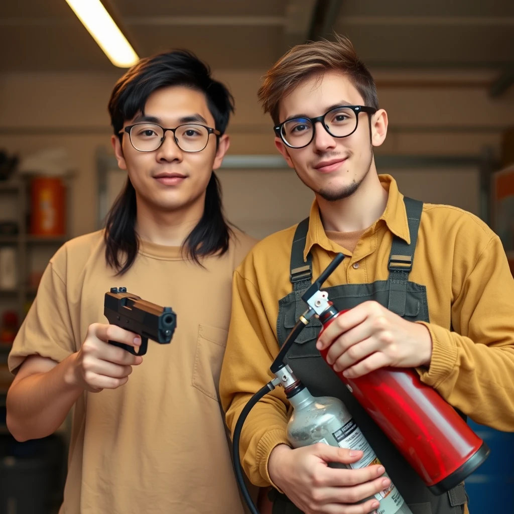 21-year-old white Chinese man with square glasses, long hair holding a pistol; 20-year-old white Italian man with round prescription glasses and short hair holding a large fire extinguisher, garage setting.