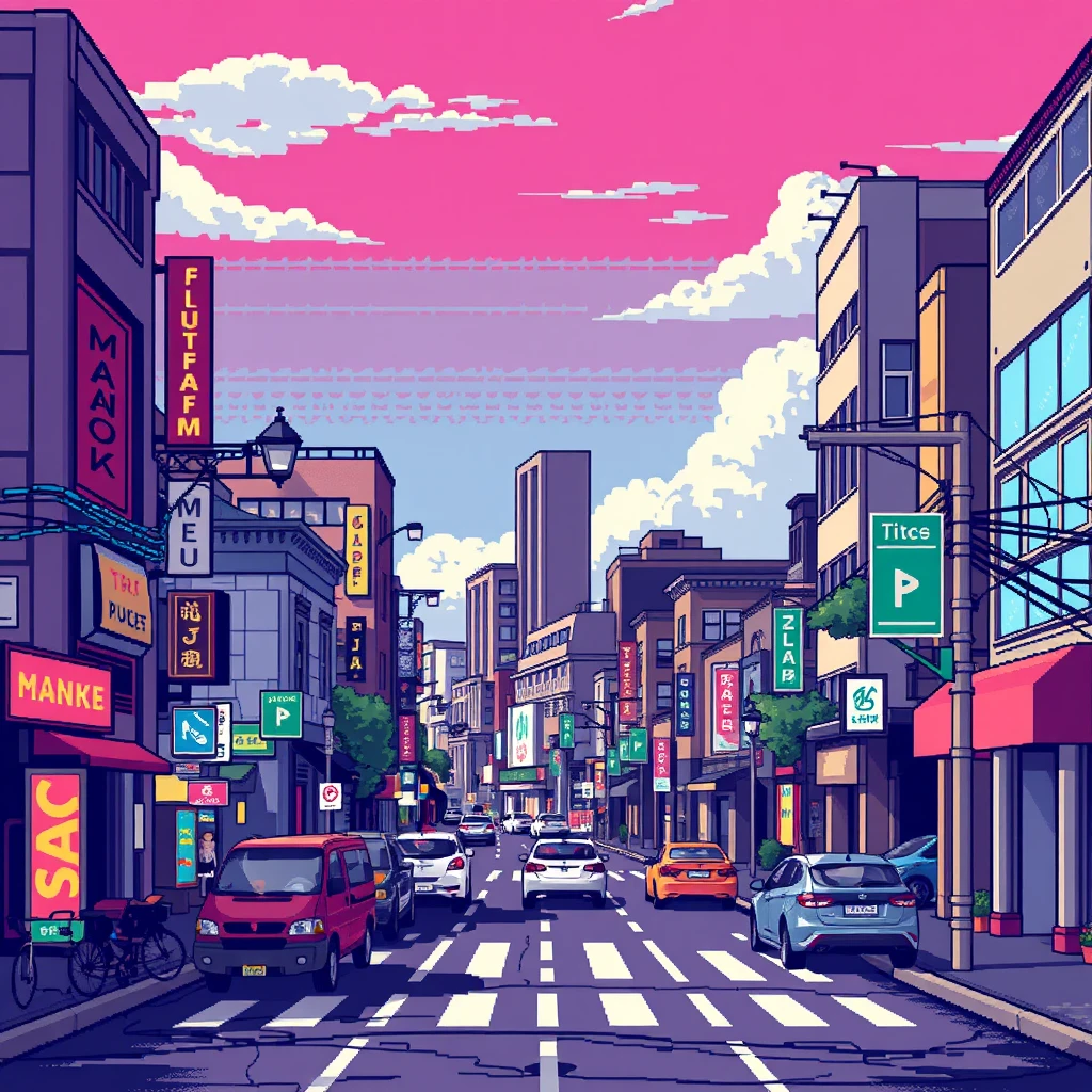 Urban streets, commercial streets, roads, pixel art, 2-bit - Image