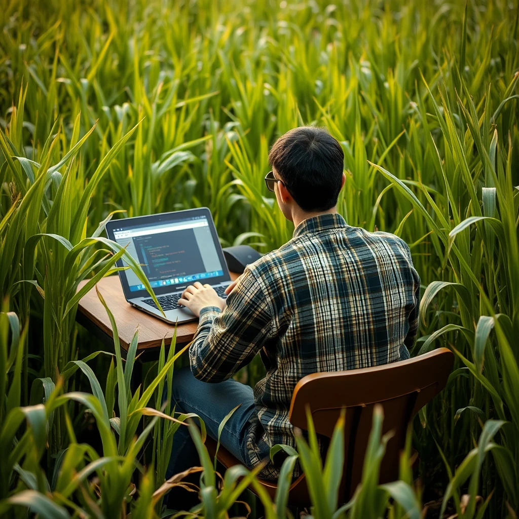 "AIT is coding in the middle of a dense rice field at a table, where the rice plants are even climbing onto the IT's table, close-up viewed from the back; even so, the IT actually has a handsome face, but it can still be seen from behind."