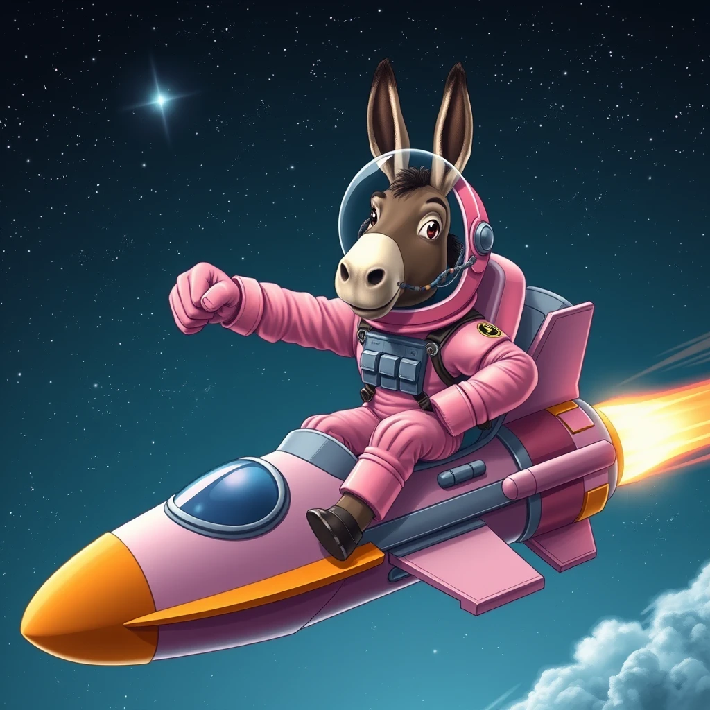 An ambitious donkey wearing pink astronaut costume, riding on a stunning spaceship, making a punching gesture, flying to the outerspace under a clear night sky with lots of shining stars. Realistic style. - Image