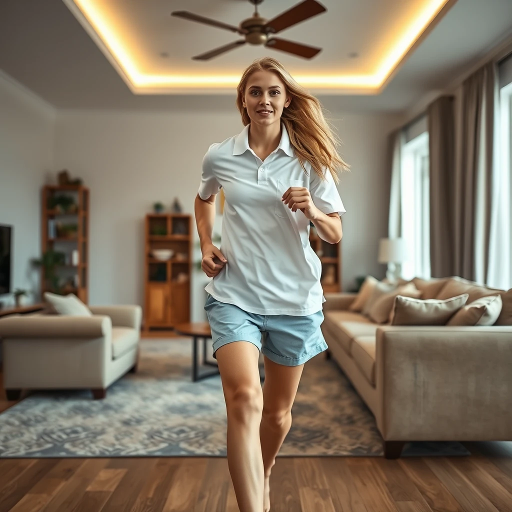 Front view of a young blonde skinny woman who lives alone is in her massive living room wearing a big white short sleeve polo shirt that looks a bit off balance on one of the shoulders and she is also wearing light blue cotton non-denim shorts and she is wearing no shoes or socks and she faces the camera while getting off her chair and running near the camera.