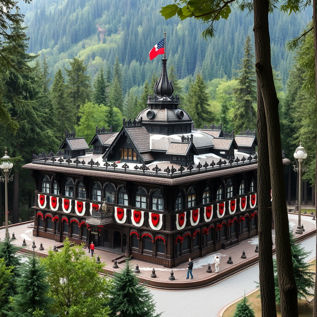 The world's largest black forest cake, the size of a building, surrounded by trees of the black forest - Image