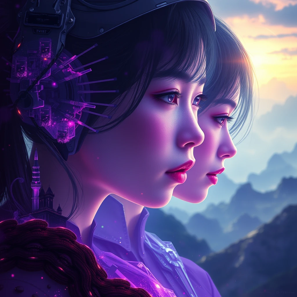 Multiple exposure, Alphonse Mucha's art, Taiwan beauty, violet, character design, rendering, biomechanics, science fiction, volumetric lighting, beautiful scenery, detailed face, dramatic colors.