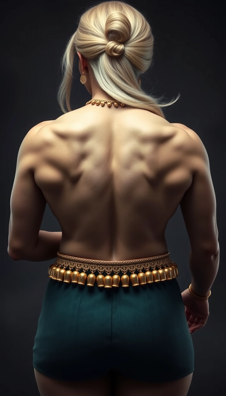 Unrealistically Highly Muscular back view of a more Korean, less Indian, big white woman with hair spread, wearing gold ornaments on her waist and neck. - Image