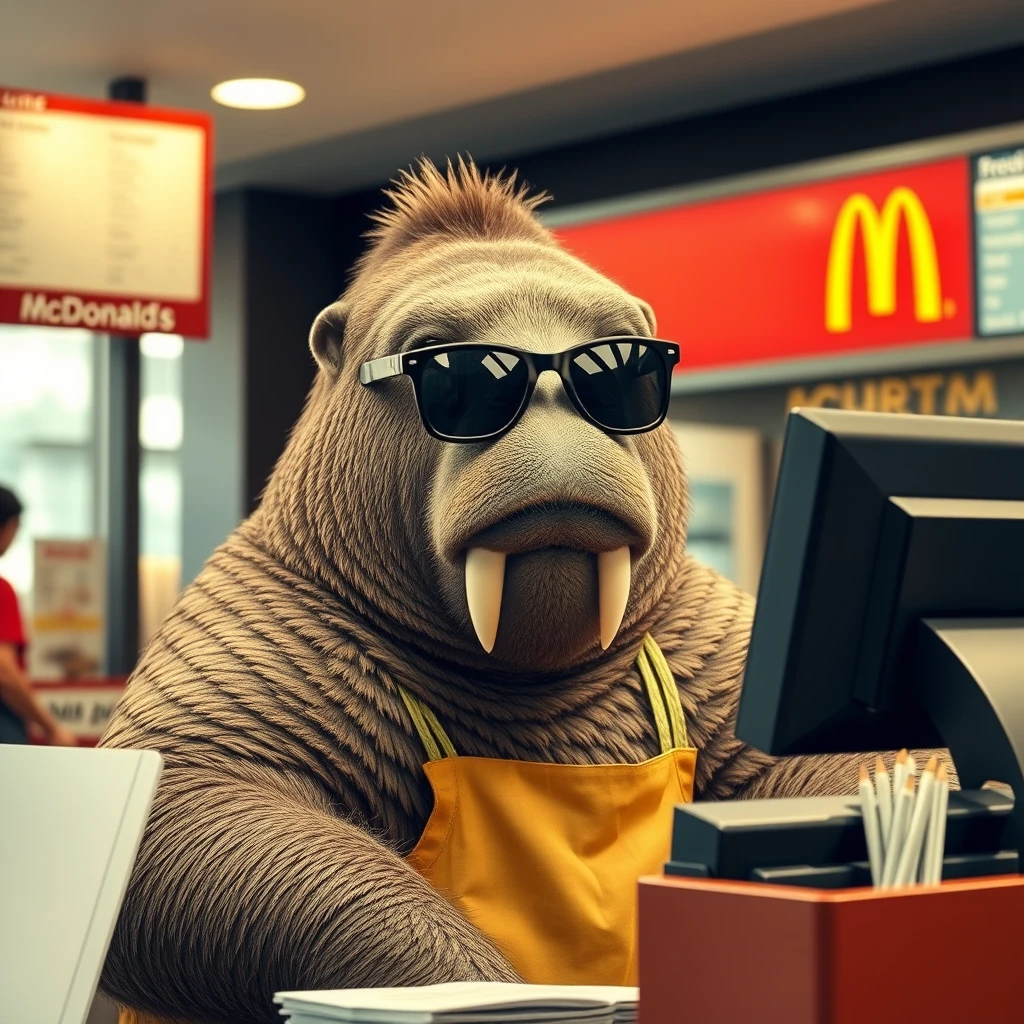 Walrus wearing sunglasses working register at McDonald’s