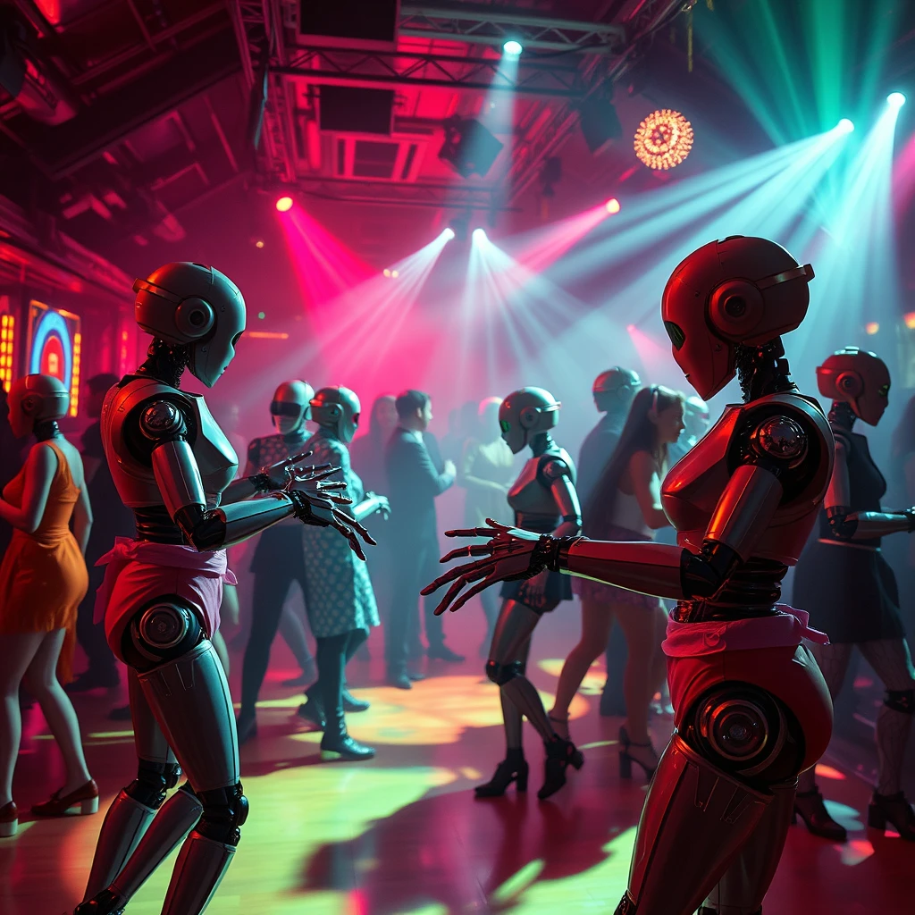 Nightclub dance floor, the nightclub is occupied exclusively by humanoid robots and androids, robots wear clothing, close-up of sexy dancing. - Image