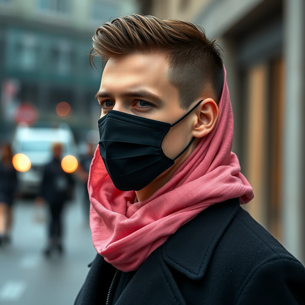 Jamie Dornan's face, hair, and body shot, handsome, young, shaved, black face mask, black coat suit, dating love with the biggest soft pink hijab, black leather jacket, black face mask, biggest floral skirt, hyper-realistic, street photography. - Image