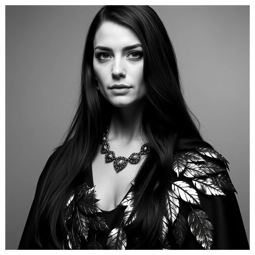 A black and white portrait of a woman with long dark hair, wearing a cape with metallic leaf-like embellishments and a necklace, gazing directly at the camera.