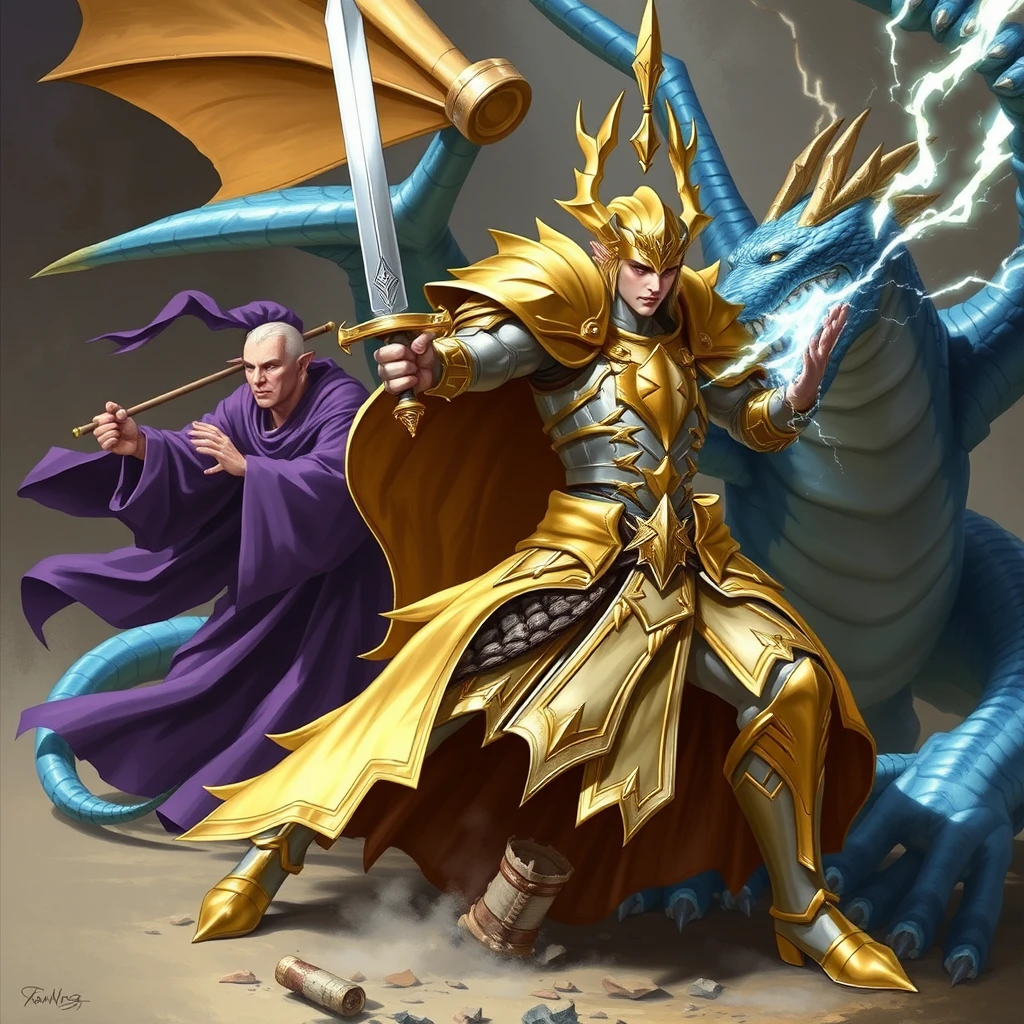 Gold and silver paladin devoted to Bahamut, the paladin doubled in size by an elf mage in a purple robe. The paladin is swinging a sword at a blue dragon with scars across the dragon's body. The paladin and elf are on the left, while the dragon is on the right, shooting lightning out of its mouth.