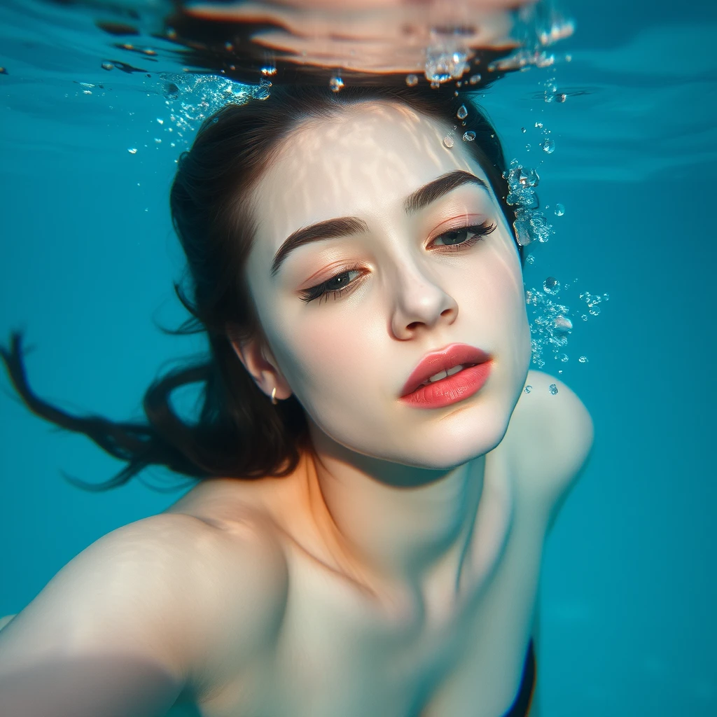 A young woman underwater. Life and sensitivity. Perfection. Beauty. Attraction. Supple. Form. Curves. - Image