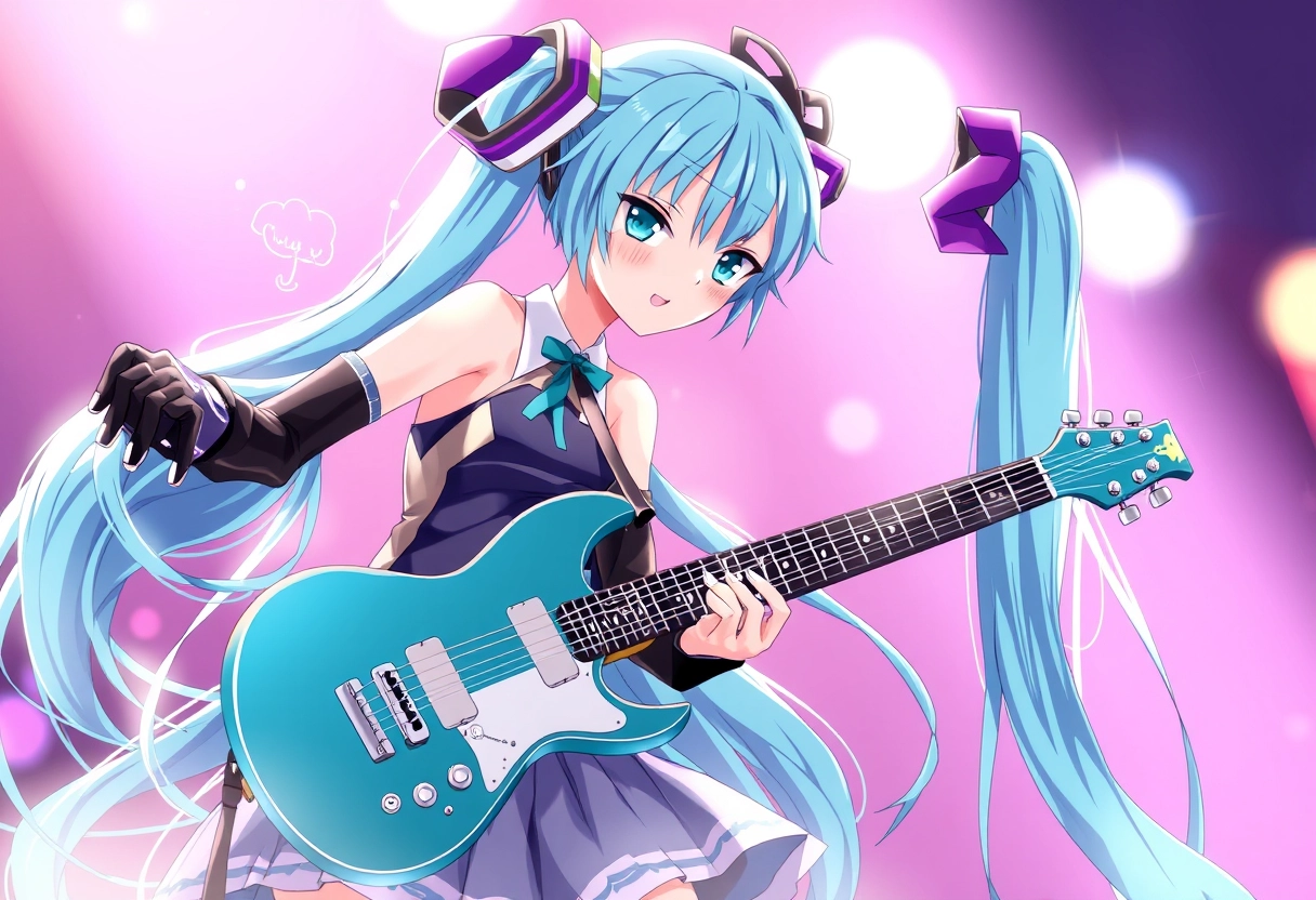 Hatsune Miku playing the guitar. - Image