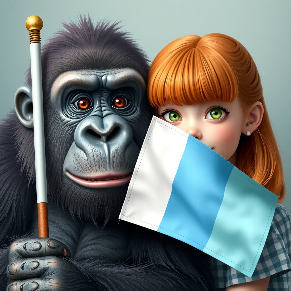 A gorilla holding a three-striped flag colored light blue, white, and light blue, next to a cute teenage girl with ginger hair, green eyes, and bangs. - Image