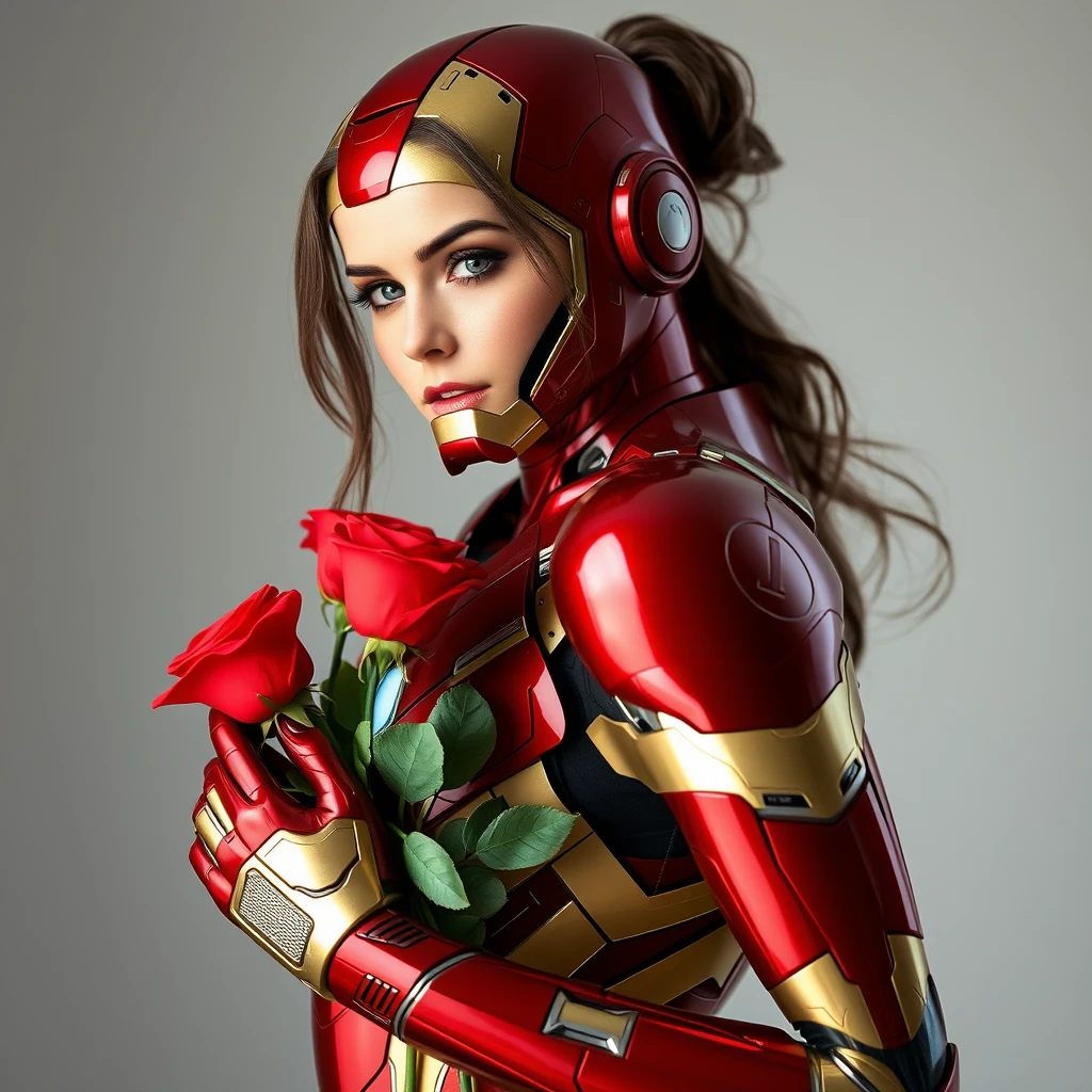 The beautiful model wearing the Iron Man suit and holding roses in her hand.