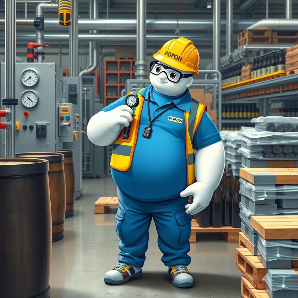 Baymax is examining bottles with the gauge in the quality control and inspection area of a beer bottling plant surrounded by machinery, a barrel, gauges, measuring instruments, pallets, beer bottles, wearing a blue polo uniform that covers his entire torso, safety gear, a reflective vest, safety shoes, a walkie-talkie, industrial safety goggles, blue cargo pants, and a yellow helmet with the word POPON written on it. The polo shirt has the word POPON written on it. - Image