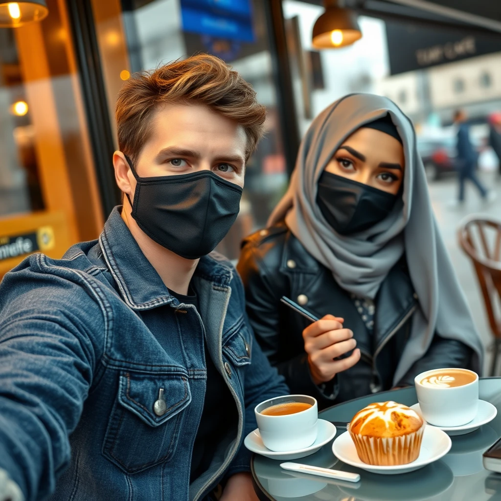 Jamie Dornan's head and body shot, handsome, black face mask, blue jean jacket, jeans, dating a beautiful Muslim girl with a grey hijab and beautiful eyes, wearing a black face mask and black leather jacket, with the biggest tiger pattern skirt, at a cafe, with 2 cups of latte and a muffin cake on a table, photorealistic, hyper-realistic, street photography, selfie. - Image