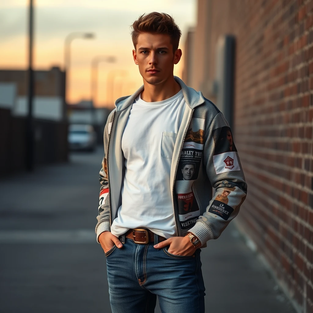 Freddie Prinze head and body shot, handsome, young, serious face, white t-shirt, collage jacket, jeans, sneakers, hyper-realistic, street photography, brick wall, full body photography, sunrise.