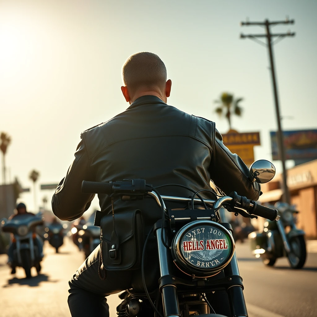 Frankenstein the Hells Angels biker rides down the street, dressed in leather and wearing a cowboy pistol belt; the noonday sun is bright, photo-realistic, leering, aggressive, 4k.