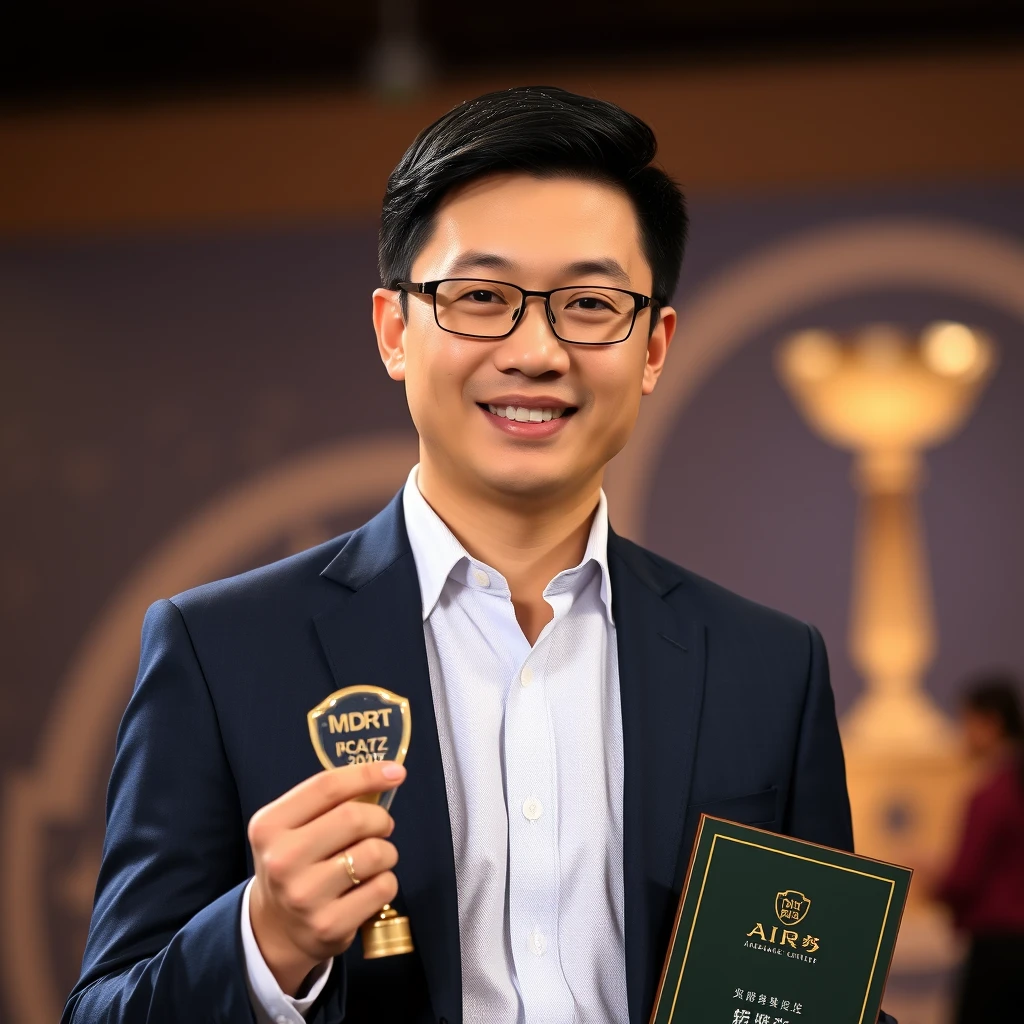 Generate a realistic photo of a Chinese male insurance agent from AIA. 35 years old posing for his portrait photo in an annual award presentation night receiving his MDRT recognition. - Image