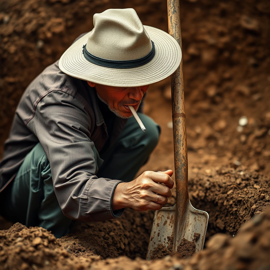 /image prompt: person, worker, hat, cigarette, spade, dig a well,dig a well,dig a well, but no water comes out, strong contrast, sharp lines, classic composition, photo real, Shot on a 50mm lens, masterpiece, exquisite, amazing visual effects, crazy details, intricate details, sharp focus, super high effect, HD, 16k --ar 3:4 --v 6.0/ - Image