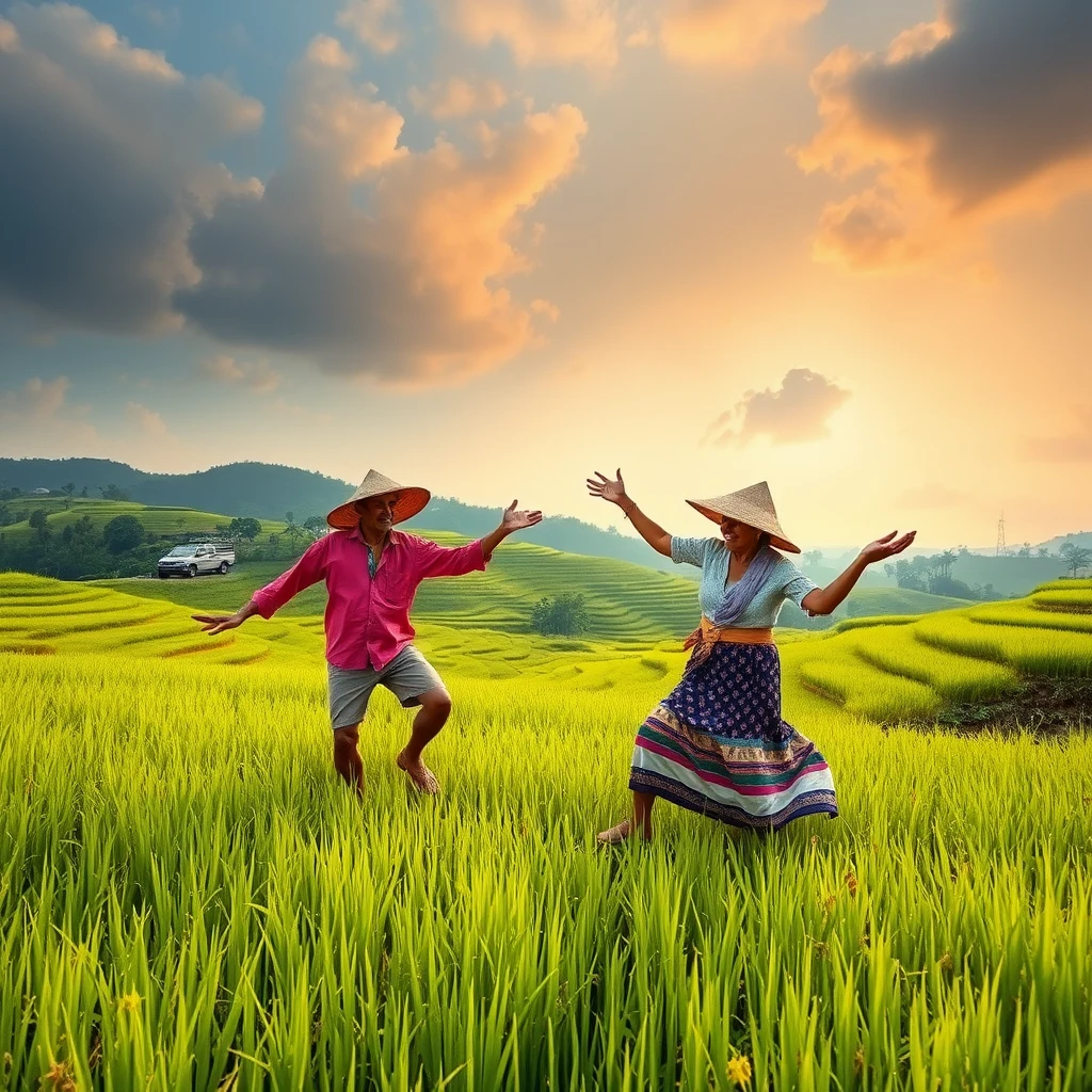 Thai rice farmers dancing the Cadillac Ranch in a terraced field.