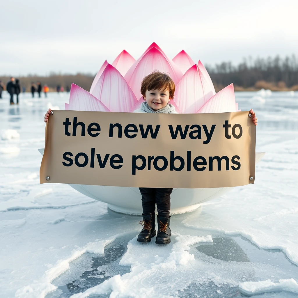 A lotus on ice with a big banner "the new way to solve problems" with a kid holding it and smiling.