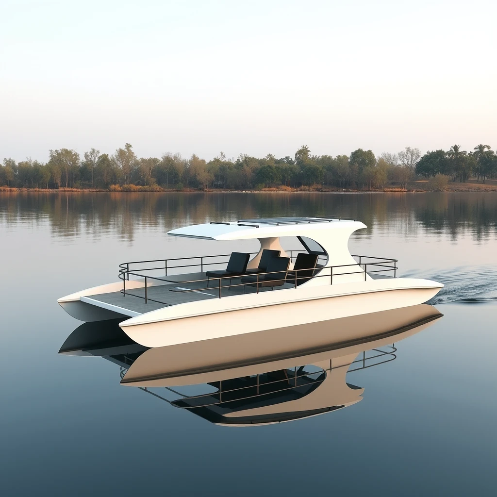 Smart minimalist design of an open hydrodynamic, 5-meter short catamaran boat with 6 seats, equipped with adequate safety rails, on a calm lake in Kashmir. The platform is powered by batteries and thruster pods, featuring a foldable hard roof carrying solar panels above it.