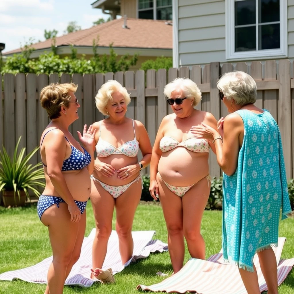 5 older women tanning in the backyard putting sunscreen on each other.