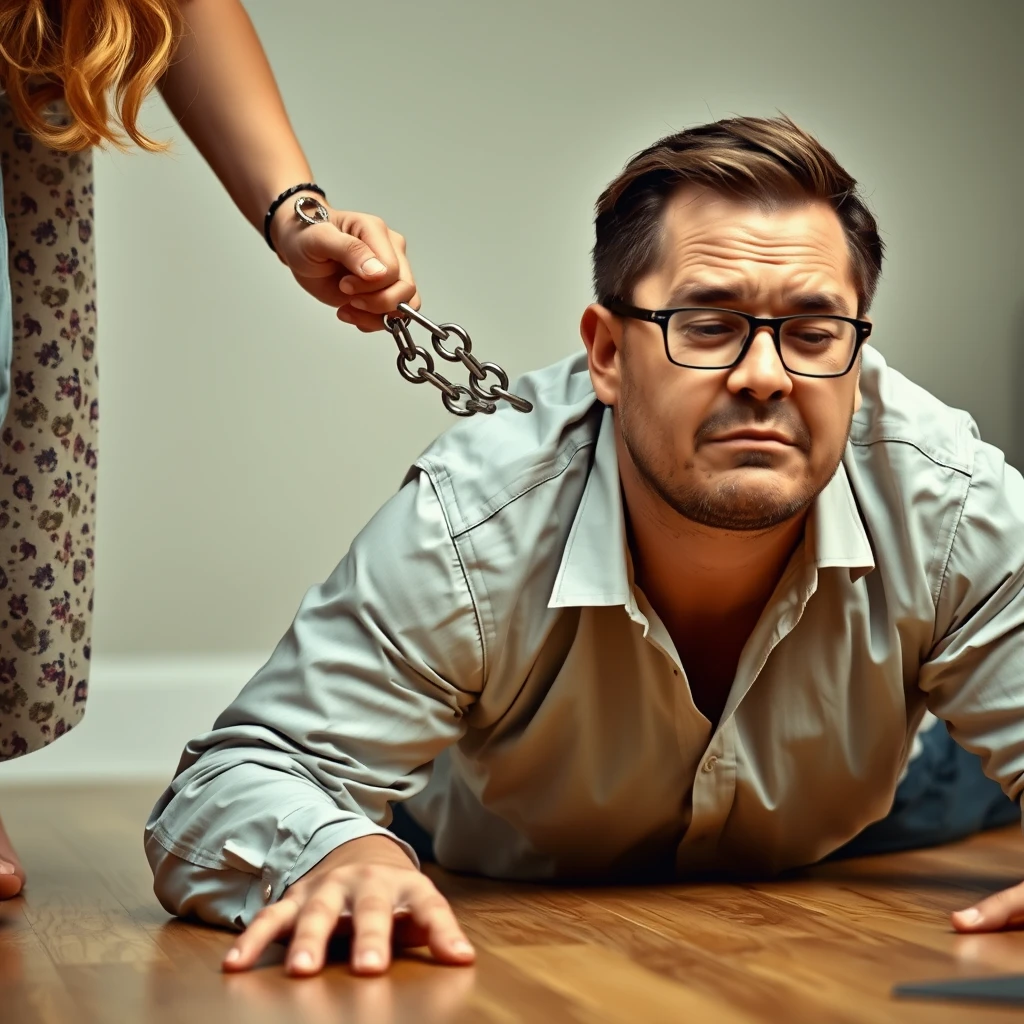 Can you generate an image of a woman holding a chain connected to a collar that a man is wearing while crawling on the floor? The man is wearing glasses and is in pain. He is young and a little plus-sized.