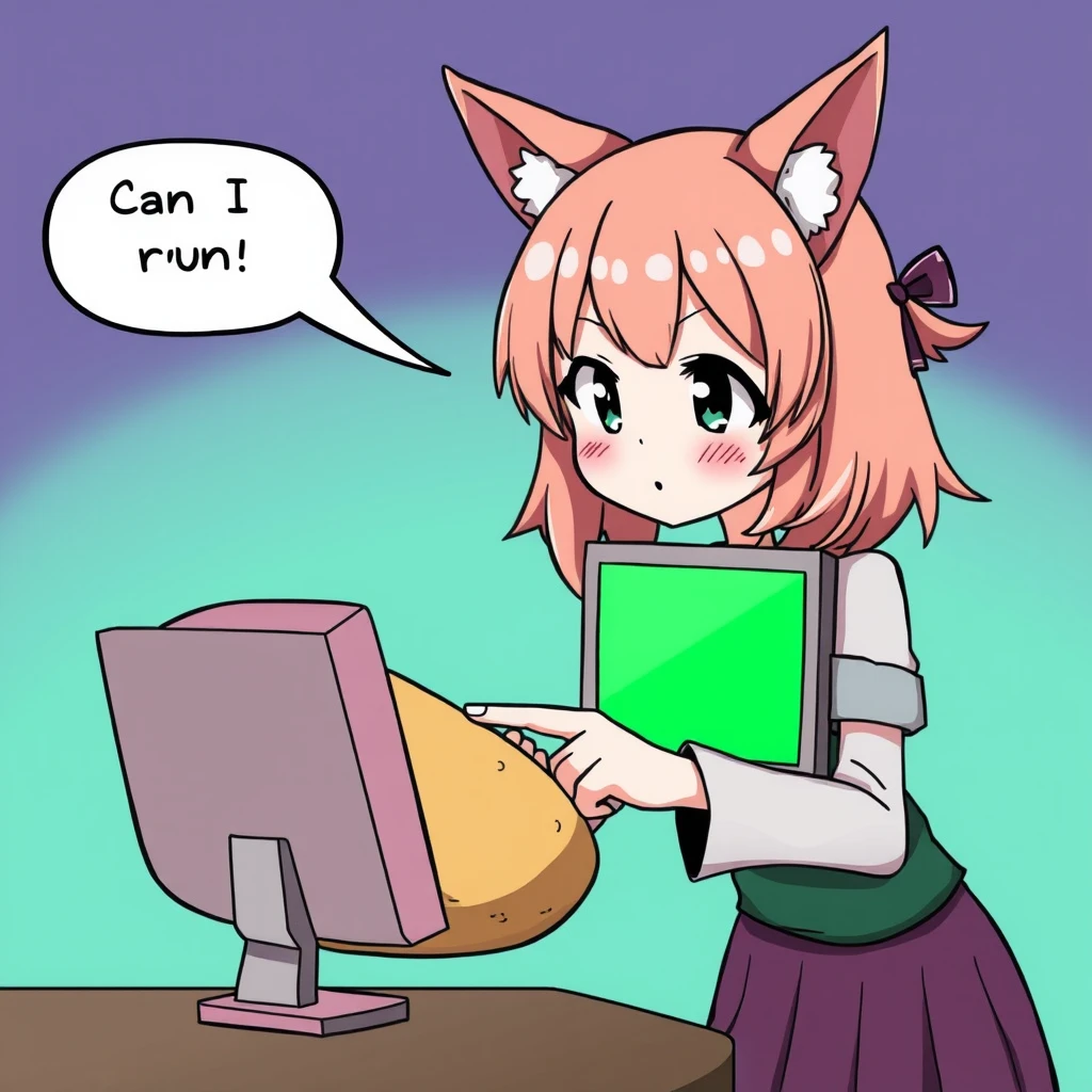 Anime girl with wolf ears pointing at a computer made of a potato and asking "Can I run Flux on it?" in a speech bubble.