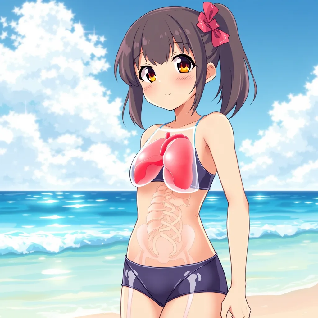 Cute anime girl wearing a swimsuit at the beach with an x-ray view of internal organs.