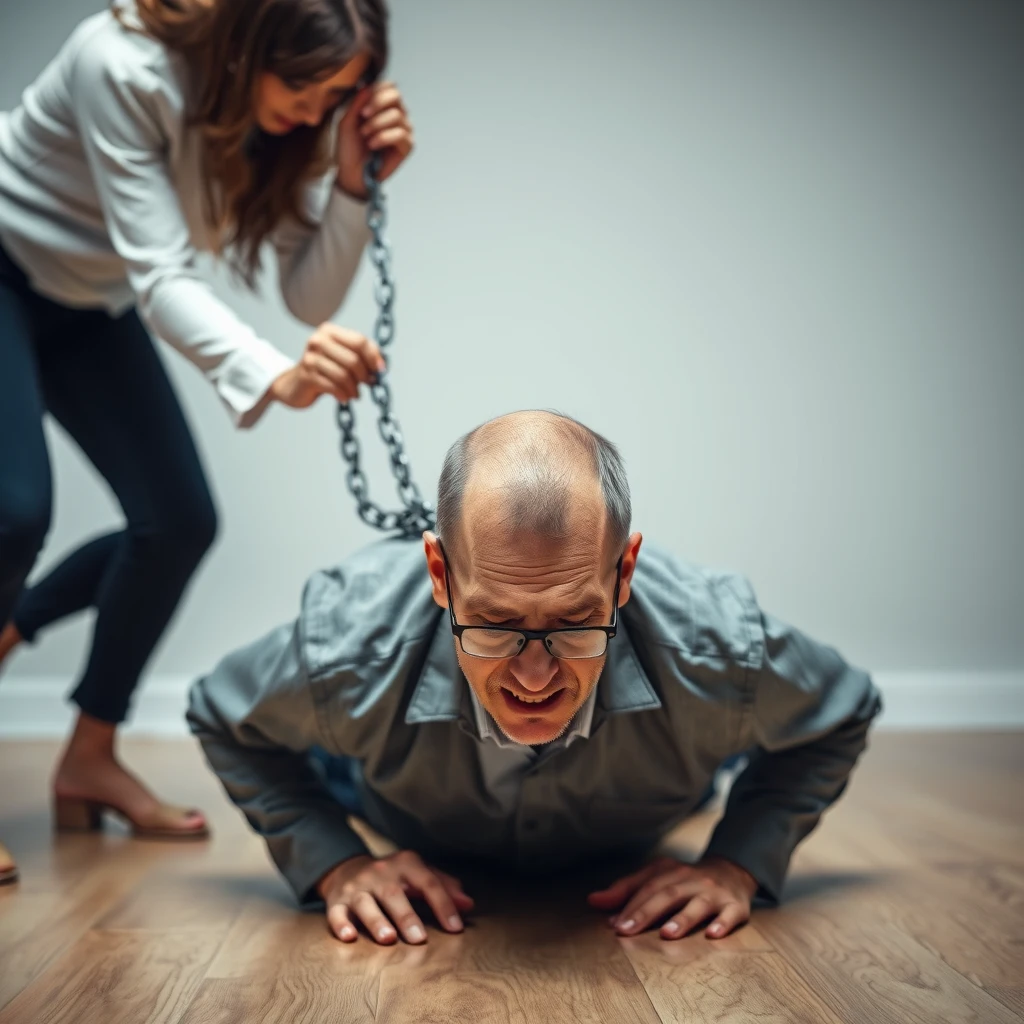 Can you generate an image of a woman holding a chain connected to a collar that a man is wearing while crawling on the floor? The man is wearing glasses and is in pain.