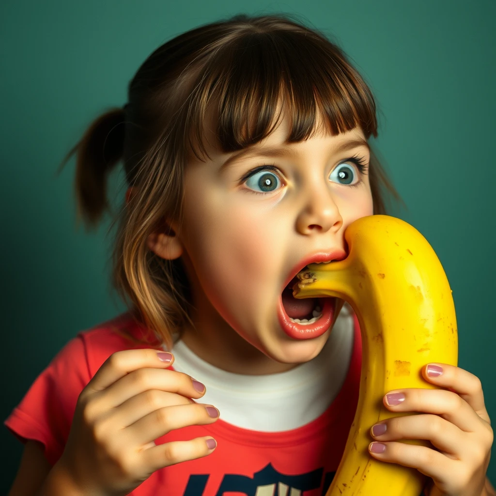 A girl has a banana and she is stunned, widening her mouth trying to swallow it, but it's too big. - Image