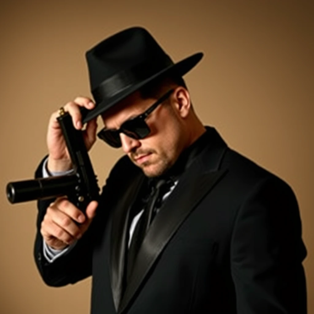 A man in a black suit wearing sunglasses, holding a silencer pistol and holding his hat.