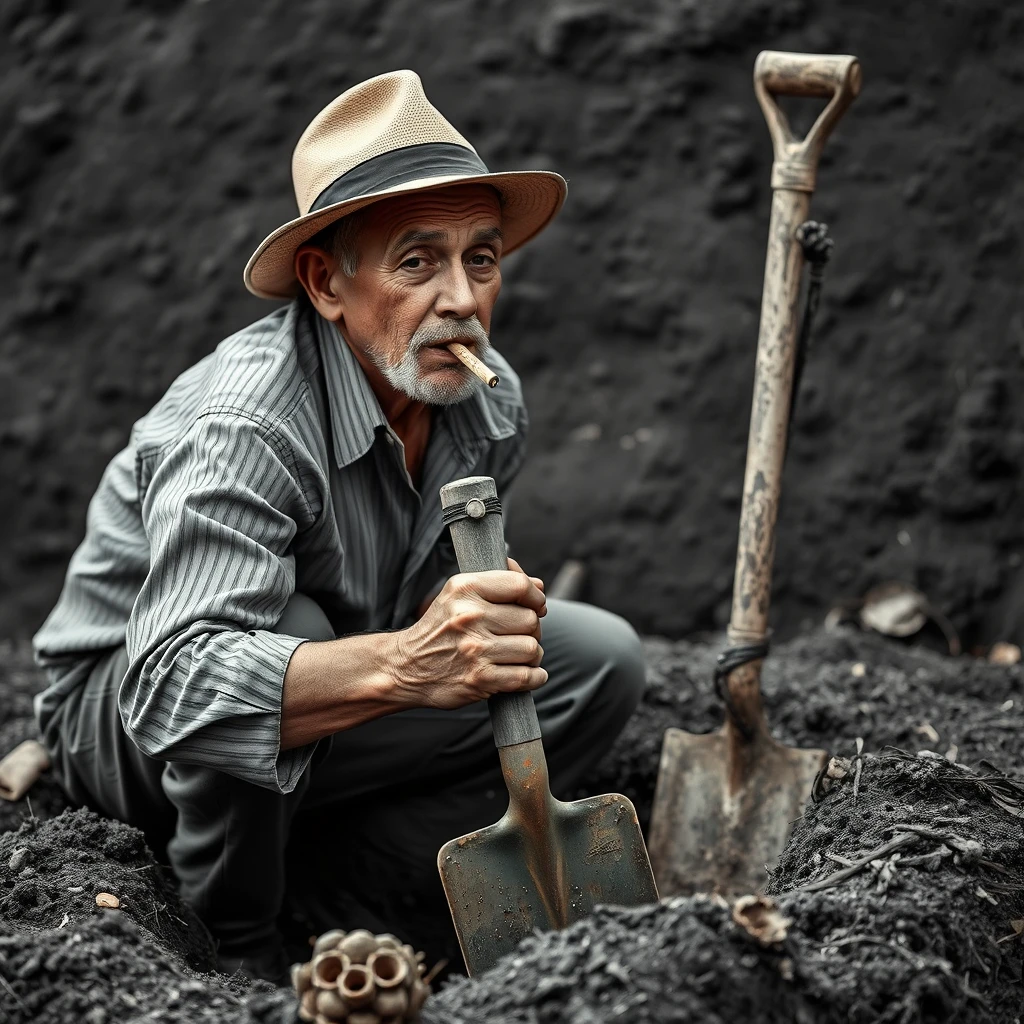 /image prompt: person, worker, hat, cigarette, spade, dig a well,dig a well,dig a well, but no water comes out, strong contrast, sharp lines, classic composition, photo real, Shot on a 50mm lens, masterpiece, exquisite, amazing visual effects, crazy details, intricate details, sharp focus, super high effect, HD, 16k --ar 3:4 --v 6.0/ - Image