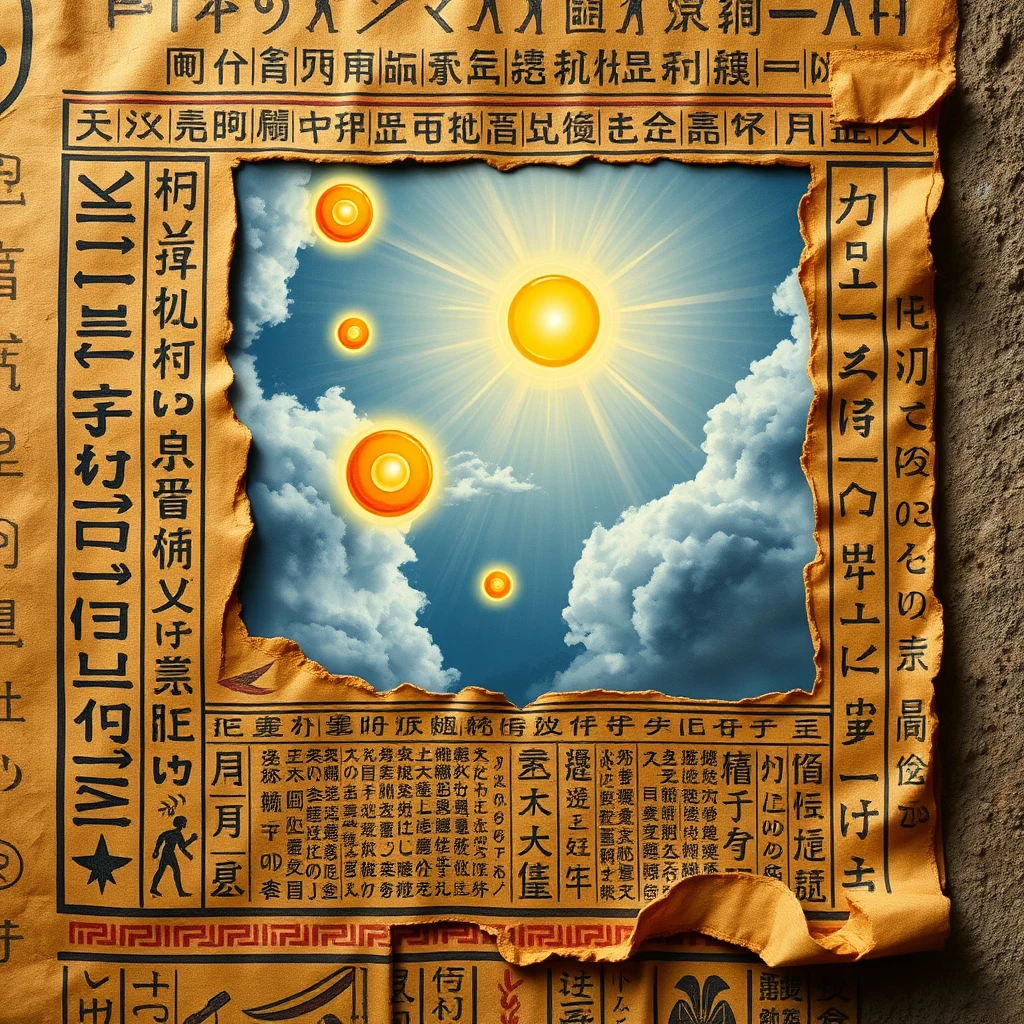 An ancient Egyptian scroll with hieroglyphics, featuring a depiction of "fiery discs" in the sky, blending historical and artistic interpretations. - Image