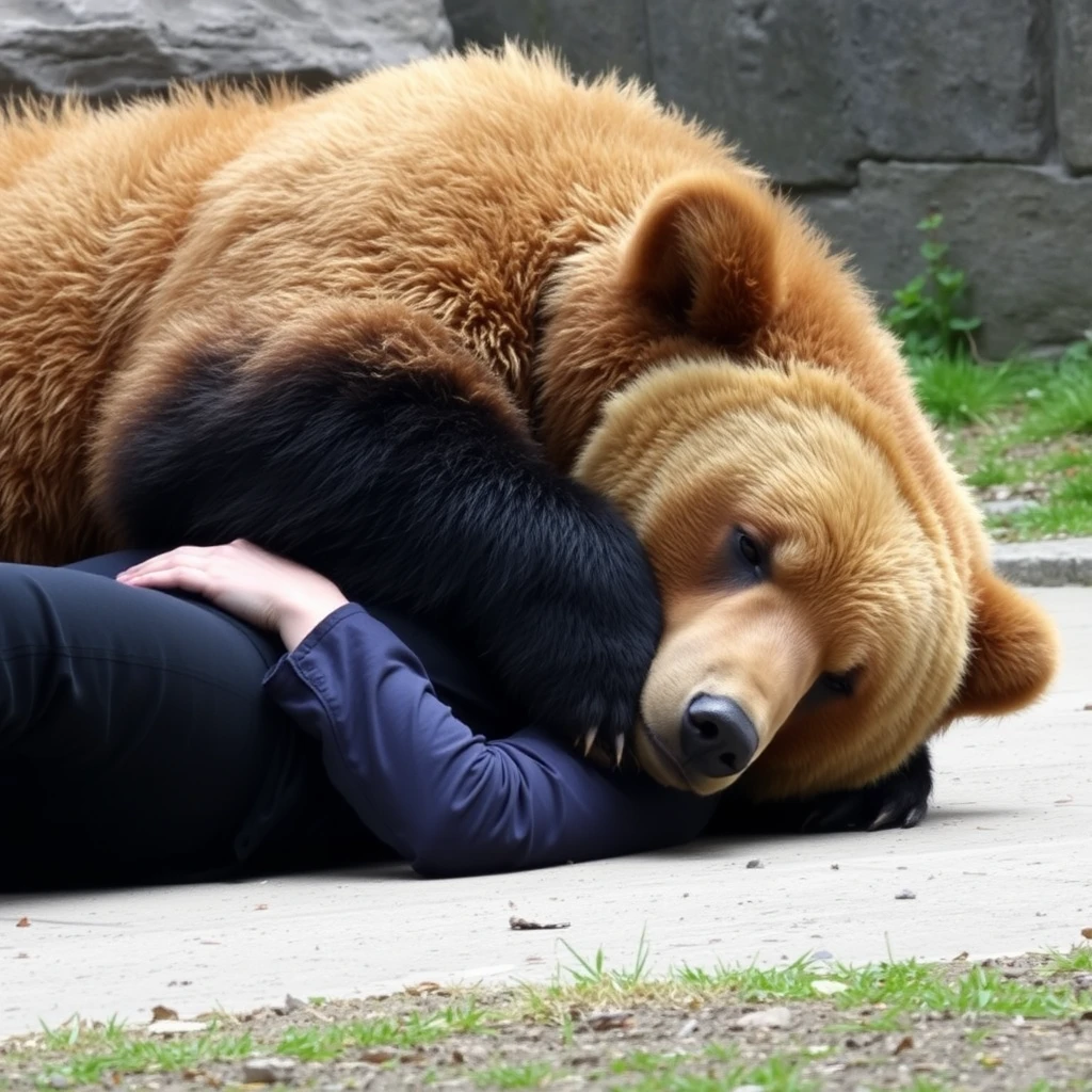 A bear is lying on a person, hugging them while the person is lying on the ground.