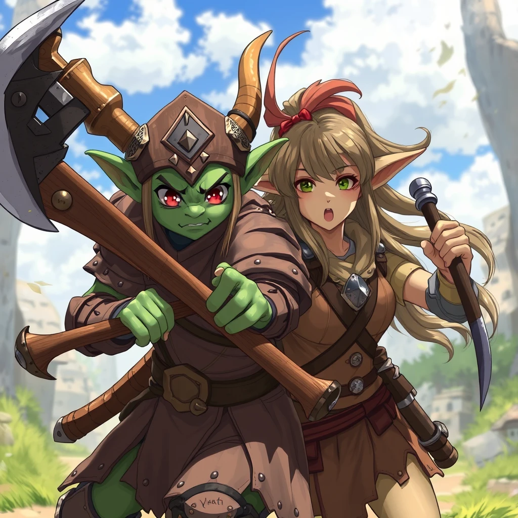 A pretty goblin girl in wooden armor fights with a human female soldier using an axe. In anime style.