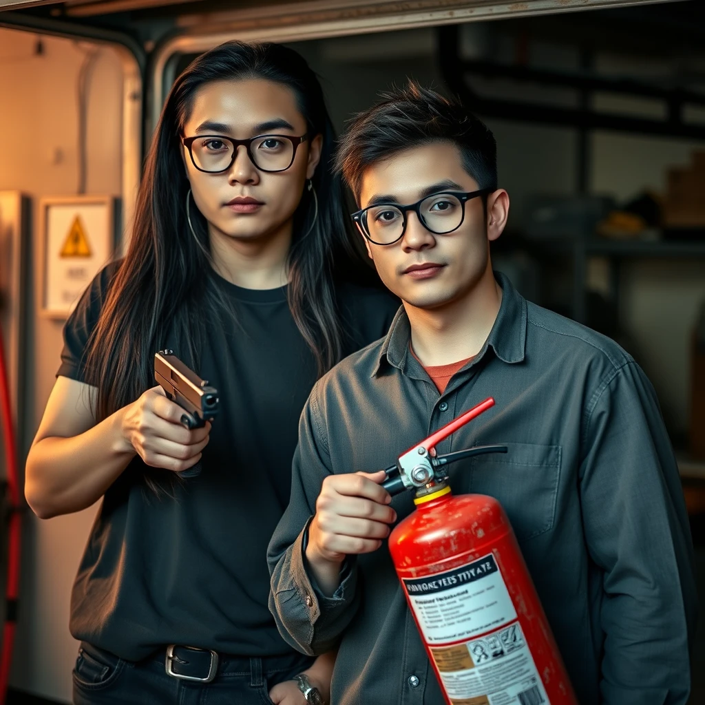 21-year-old white Chinese man with square glasses, very long hair, holding a pistol; 20-year-old white Italian man with round prescription glasses and short hair holding a very large fire extinguisher, garage setting. - Image