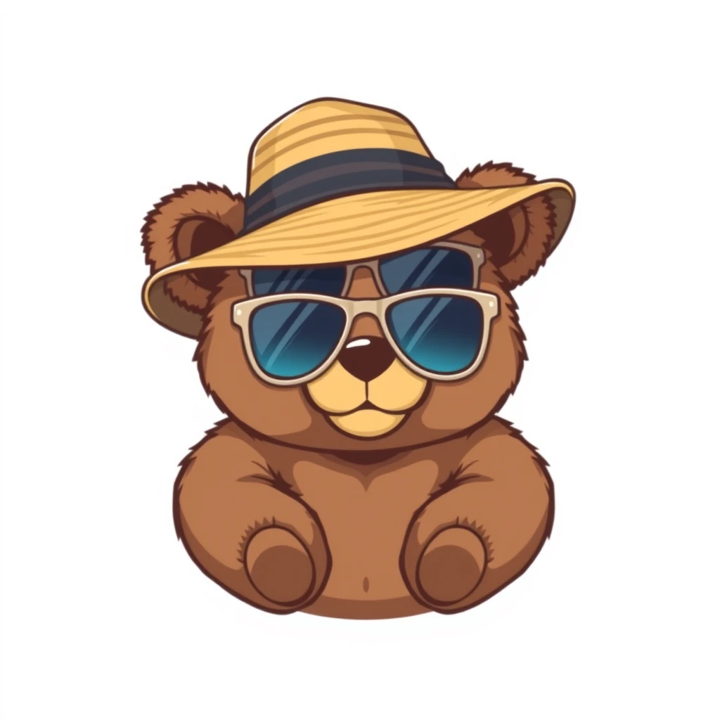 teddy bear wearing sunglass and wearing a big stripe hat, flat 2d, vector, white background, enclosed in a circle, professional tshirt design vector