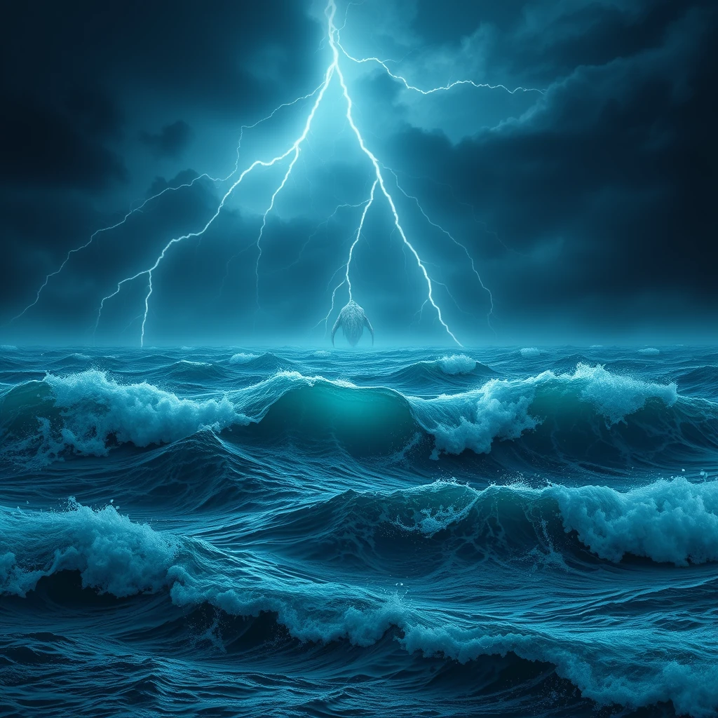 "Storm, sea, lightning, a Leviathan in the distance, cool tones, realistic high definition."