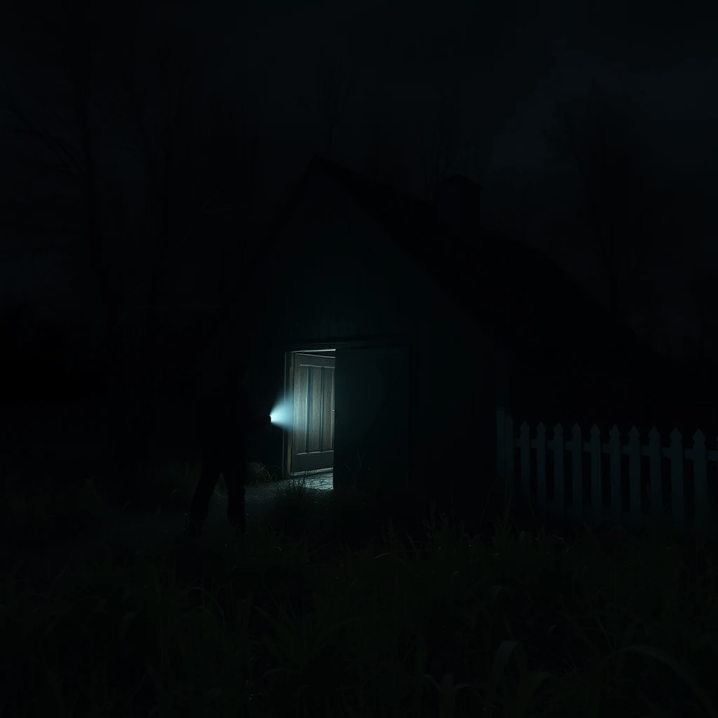 Mysterious figure lurking near an abandoned old barn without electricity, pitch dark ambience under the dark night, someone shines an incandescent flashlight towards the old barn, dramatic shadows, suspenseful mood, cinematic style, neglected yard with tall grass and a white picket fence, 4k --ar 4:3 - Image