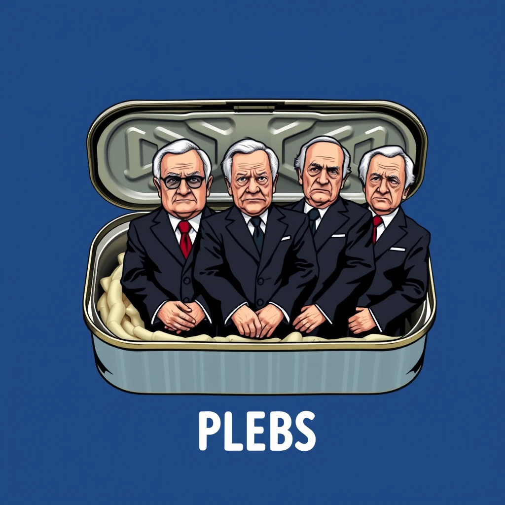 A playful T-shirt design of an open sardine can with a twist-off top, featuring five live, wealthy older gentlemen standing upright, shoulder to shoulder, in business suits with scowls on their faces, accompanied by the text "PLEBS" underneath, viewed from the front. - Image