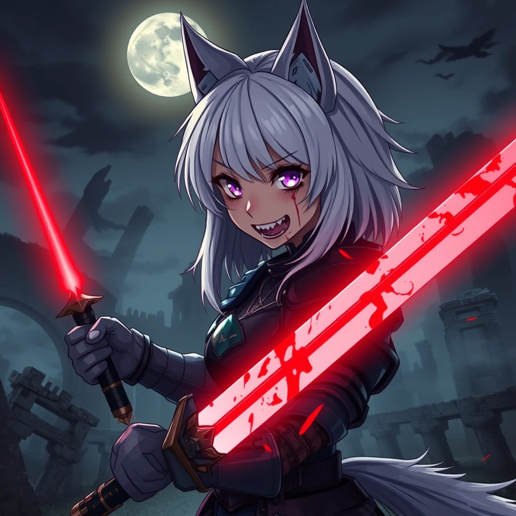 anime girl with fangs and medium white hair, wolf ears, and a tail, with purple eyes and an evil grin, blood on her face, holding a sword in her right hand. The sword is glowing light red and covered in blood. The girl is wearing armor. Old ruins can be seen in the background; it is dark and foggy. In the sky is a full moon. Dramatic, Dynamic, Cinematic.