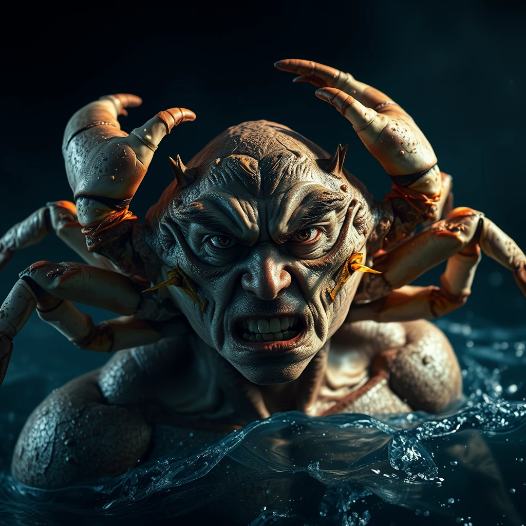 A realistic man resembling a soldier-style crab man with detailed texture and natural colors, reflecting light and shadow to emphasize its form. The human-like crab man should appear as if it’s in motion, with a snip of his pincers. The background is dark, with realistic sea and subtle sparkling particles, creating an intense and surreal atmosphere. Add an angry face to the crab man with furrowed brows, smoldering eyes, and an angry mouth. --v 6.0 - Upscaled (Creative) by <@441362717362880533> (fast) - Image