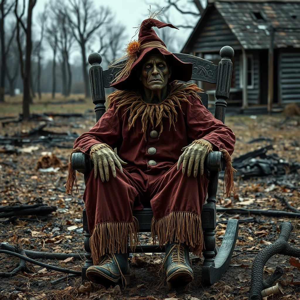 A dark menacing man in a scarecrow outfit sits in an old rocker on a burnt down farm.