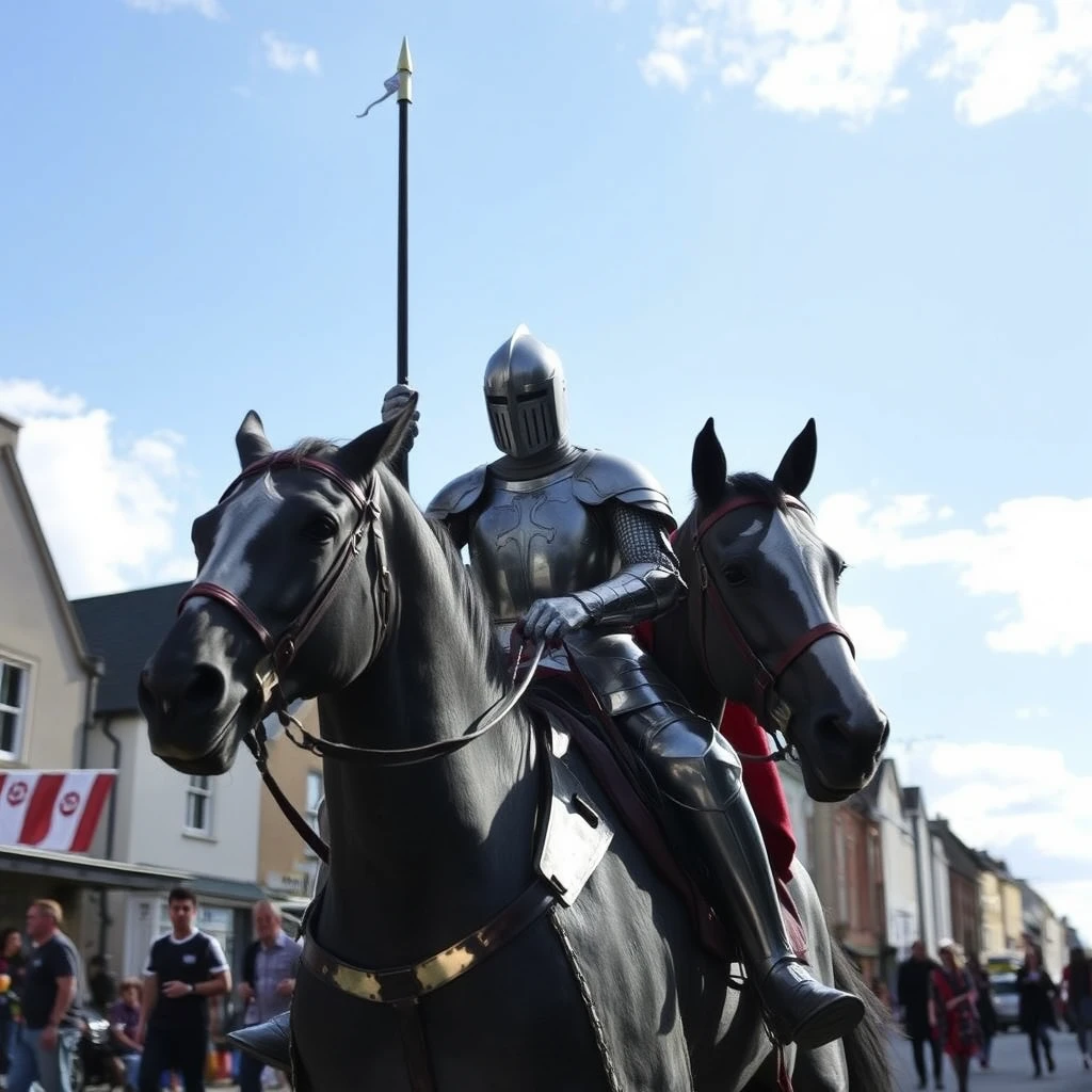 A knight in iron armor rides a horse down the street. - Image