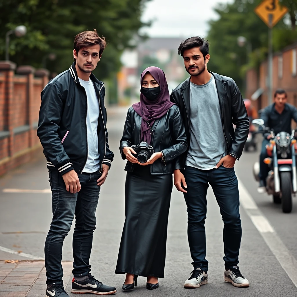 Jamie Dornan and Freddie Prinze, head and body shot, handsome, young, serious face, dark brown hair, white T-shirt, college jacket, skinny jeans, sneakers, standing, discussing with two guys and a Muslim girl in a short purple hijab, beautiful eyes, black face mask, black leather jacket, longest black leather skirt, holding a Canon DSLR camera, near a town road, superbike, hyper-realistic, street photography, brick wall, full body photo, three other random friends in the back.