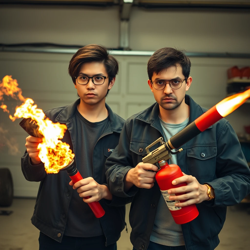 2 person setting, "21 year old northern Chinese man wearing square glasses, mid/long black mullet hair, holding pistol"; "21 year old white European Italian man wearing round glasses, short hair, holding very large fire extinguisher flamethrower", garage setting, both angry.